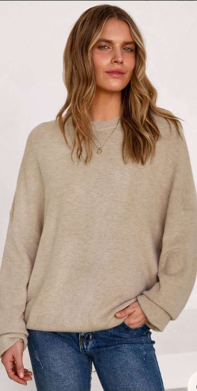 Arach&Cloz Women's Wool Blend Oversized Crewneck Fall Casual Sweater Size L